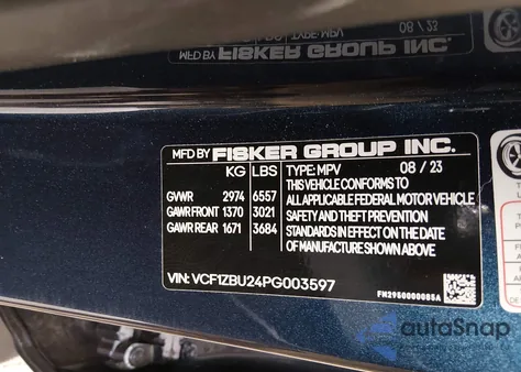 2023 Fisker Ocean One from USA, damaged, VIN VCF1ZBU24PG003597